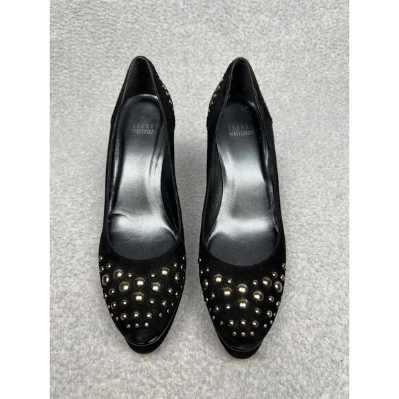 Stuart Weitzman Shoes - Stuart Weitzman 7M High Heel Studded Black Suede Platform Silver Studs Pumps